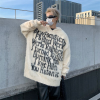 男装套头毛衣男字母提花春秋季保暖美式慵懒风连帽宽松针织衫外套