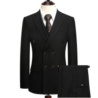 品质戗驳领双排扣套装西服男士商务西装韩版修身正装婚礼结婚套西