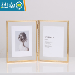 敬平欧式摆台相框折叠连体双面透明6寸7寸8寸10寸金属照片框玻璃摆件 金色竖款 10寸[亚克力面]