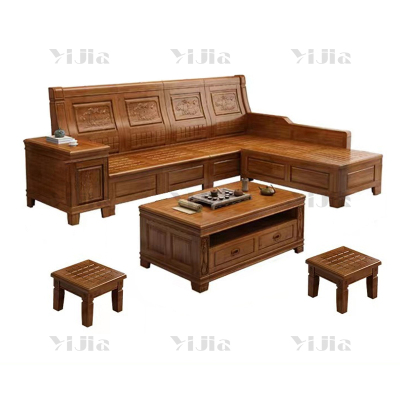 翌嘉 香樟木实木沙发组合新中式冬夏两用沙发 四人位贵妃位含长茶几凳子