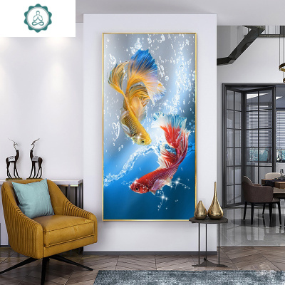 5d钻石画满钻石绣富贵金龙鱼点贴钻十字绣客厅竖版玄关砖石画封后AB彩钻+圆钻-70*120cm送9钻笔