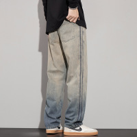 男装街潮嘻哈高街青春流行个性渐变复古泥色宽松直筒牛仔裤男款