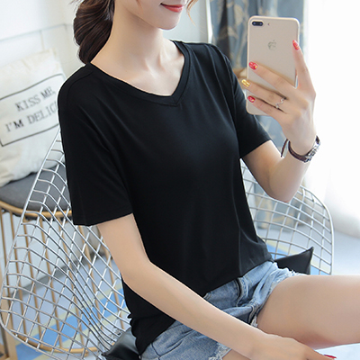 语娄莫代尔v领t恤女短袖夏季薄宽松大码女装纯色黑色体恤打底衫上衣