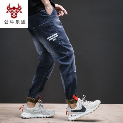 公牛乐途2020冬季加绒加厚牛仔裤男宽松日系哈伦裤青年弹力直筒保暖裤子男加棉