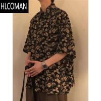 HLCOMAN古着vintage古巴领碎花衬衫男女宽松港味设计感情侣沙滩短袖衬衣