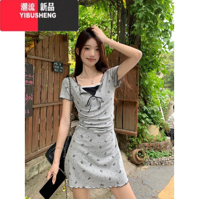 YIBUSHENG纯欲法式碎花假两件连衣裙女季2024新款褶皱显瘦小个子中长裙子