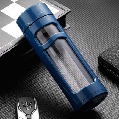 大容量玻璃杯水杯男创意双层便携过滤女茶水分离泡茶杯子家居器皿波浪玻璃杯（蓝色）380ml-