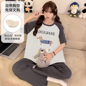 2026春夏季棉质套头短袖长裤带胸垫女士睡衣卡通休闲可外穿家居服