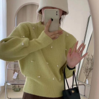 纯色圆领套头钉珠毛衣秋冬新款设计感宽松针织打底衫温柔系上衣潮