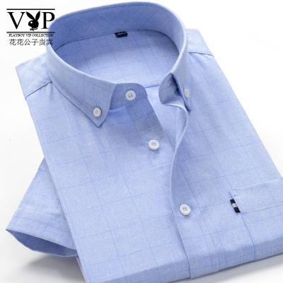 花花公子贵宾新款胖子格子短袖衬衫男士夏季加肥加大码男装休闲衬衣肥佬薄上衣