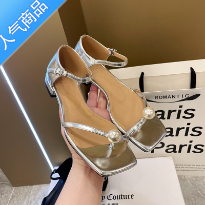 SUNTEK2023年夏季新款法式仙女风方头珍珠一字带套趾夹趾低跟银色凉鞋女