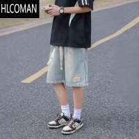 HLCOMAN冰川蓝牛仔短裤男夏季宽松抽绳复古水洗男生工装五分裤