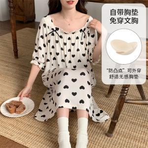 女士夏季莫代尔短袖睡裙网红仙女风带胸垫卡通休闲家居服睡衣薄款