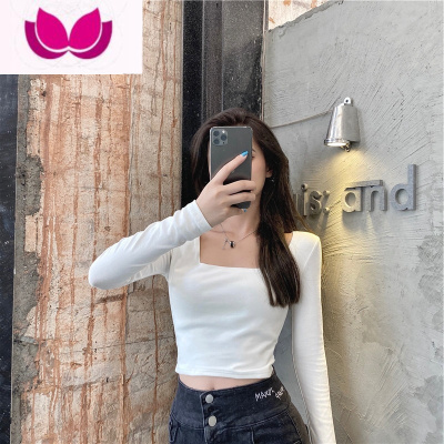 七斓方领露锁骨长袖t恤女修身显瘦内搭高腰短款露脐紧身打底衫上衣潮