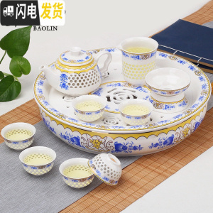 三维工匠隔热功夫茶具套装家用陶瓷泡茶杯茶壶茶盘简约现代中式青花瓷客厅 10头茶壶+茶盘-玲珑田园玫瑰 8件