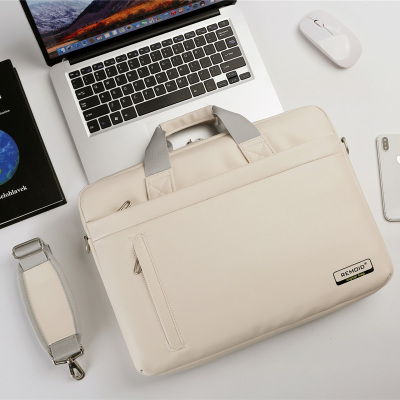 休旅单肩电脑包15寸米黄色PU皮质防水耐磨笔记本电脑包时尚简约多功能手提电脑包