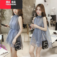 YIBUSHENG2024装新款韩范挂脖无袖系带亮闪闪宽松连衣裙女仙气质a字裙
