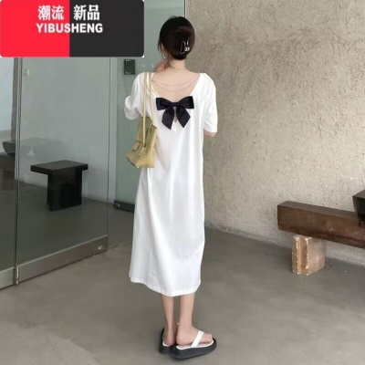 YIBUSHENG胖mm大码200斤露背T恤长裙2024季宽松遮肚蝴蝶结过膝连衣裙女