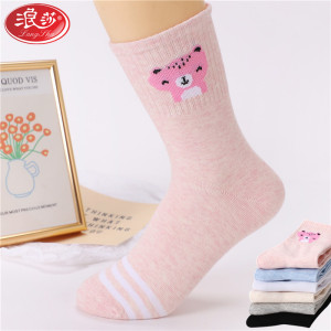 浪莎袜子女士纯棉中筒春秋初冬厚款舒适透气可爱青春卡通熊ins潮运动休闲棉袜2双 厚款卡通91781/2双/多色混搭 均码/22-24cm/适合36-40码