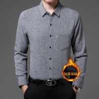 男士新款亚麻加绒衬衫中年翻领保暖棉衣衬衣爸爸装