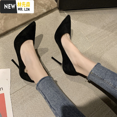 林先森高跟鞋2021春秋季新款网红百搭尖头细跟单鞋性感夜店黑色绒面女鞋休闲鞋