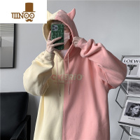 YANXU撞色拼接连帽卫衣男港风宽松慵懒风奶系穿搭潮牌oversize外套