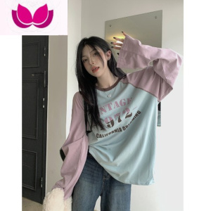 七斓拼色插肩袖字母印花圆领T恤女秋季宽松休闲长袖打底上衣 图色 均码