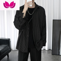七斓条纹衬衫外套男港风日系休闲宽松衣服潮流黑色男士长袖衬衣夏季薄