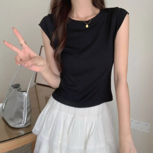 夏季新款圆领飞飞袖T恤女装设计感小众修身百搭无袖纯色上衣