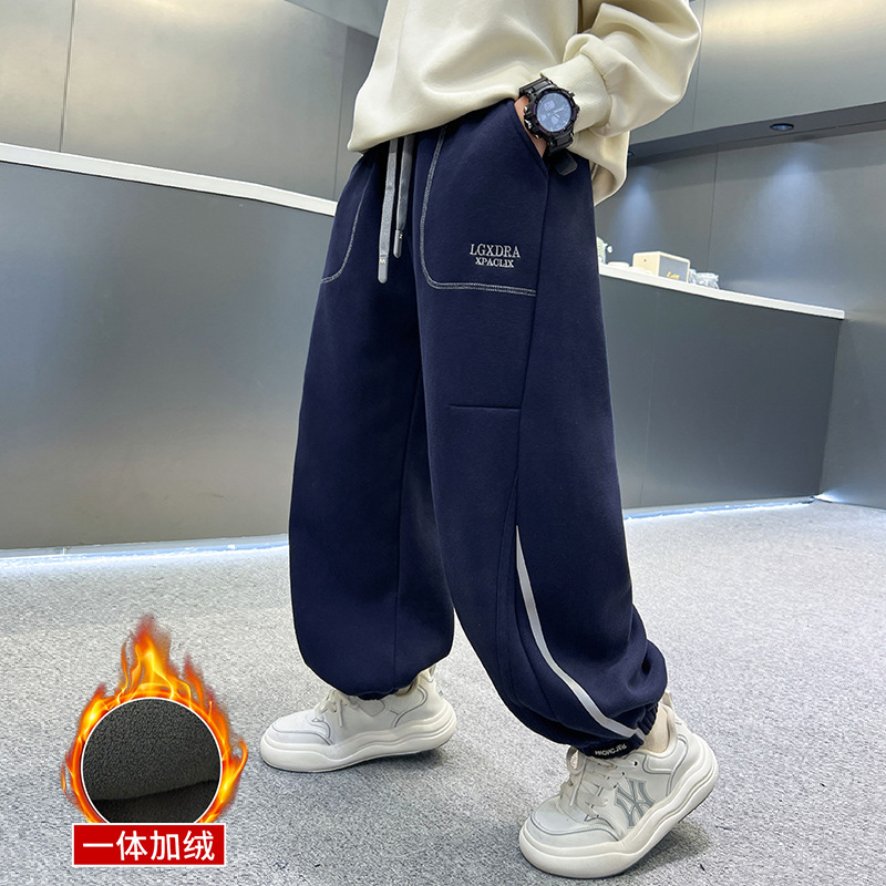 男童裤子运动裤加绒加厚初中生保暖长裤大童冬装一体绒束脚卫裤潮