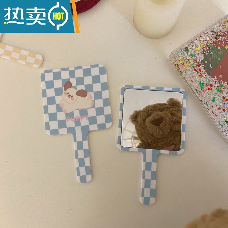 敬平原创款/黄色蓝色格子棋盘格子小狗手持化妆镜子便携随身迷你镜子 蓝色一个便携式用镜