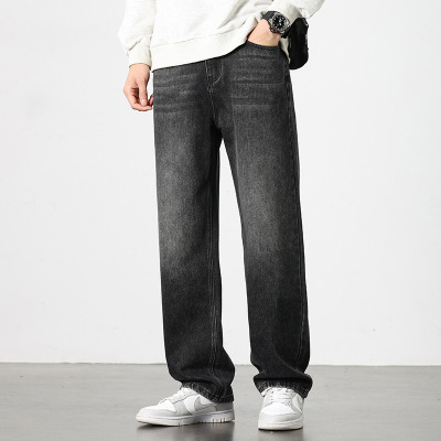 黑灰渐变STRAIGHTJEANS做旧水洗牛仔裤男士宽松直筒垂感长裤