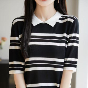 夏季女装新款曲珠冰麻丝POLO领针织衫条纹T恤短袖女背心