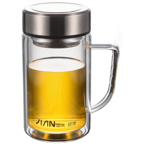 富光 带把玻璃杯双层大容量泡茶杯手柄 蓝色380ml