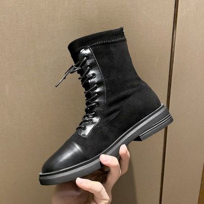 简翔靴子女韩版学生女士平底松糕厚底英伦风休闲系带防滑马丁靴子女