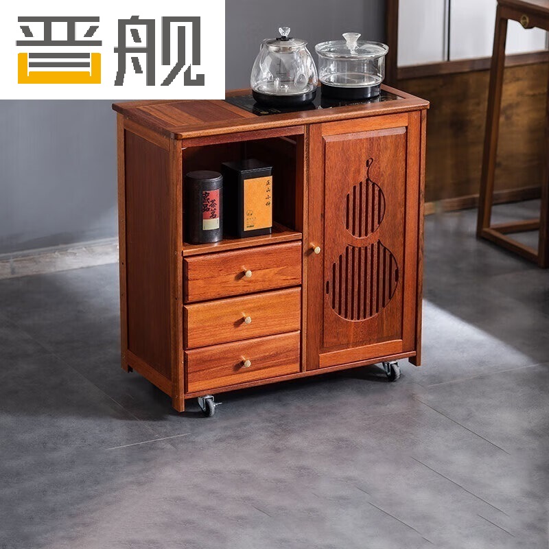 晋舰实木移动茶水柜茶桌边柜泡茶台烧水壶一体边柜单门三抽玻璃电器