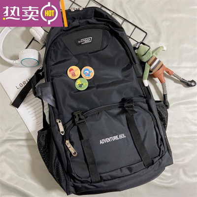 NEWLAKE工装背包男双肩包潮牌街头潮流旅行大容量书包女大学生2021年新款黑色带皮裤蛙挂件