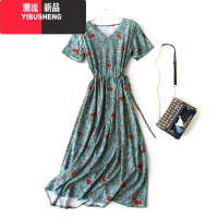 YIBUSHENG2024新款时尚韩锦缎棉绸连衣裙系带收腰宽松V领显瘦人造棉大摆裙