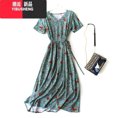YIBUSHENG2024新款时尚韩锦缎棉绸连衣裙系带收腰宽松V领显瘦人造棉大摆裙
