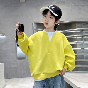 男童假两件卫衣春秋季2026新款中大童烫钻打底衫痞帅儿童春装衣服