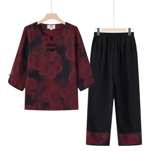 夏季新款奶奶装七分袖老年女装两件套套装薄款女装夏款衣服60-80