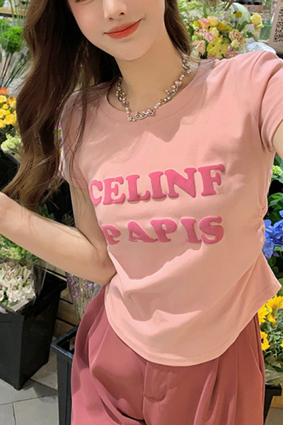 短款发泡字母短袖T恤网红炸街不规则女装夏季修身短款褶皱上衣潮