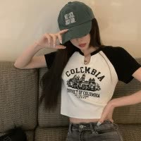 辣妹V领短袖T恤女夏季新款甜辣美式复古设计感短款学生上衣潮