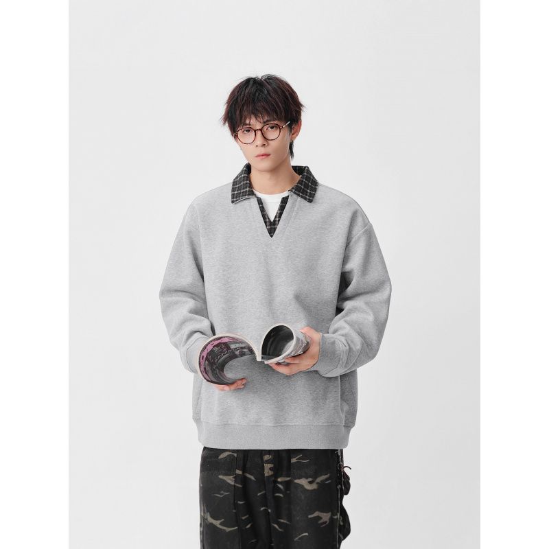 |港风翻领设计感长袖秋款男青少年打底衫卫衣修身宽松潮流