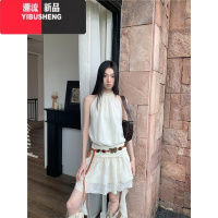 YIBUSHENGBaiYaShan/ 复古辣妹纯欲挂脖无袖连衣裙气质纯色飘带短裙