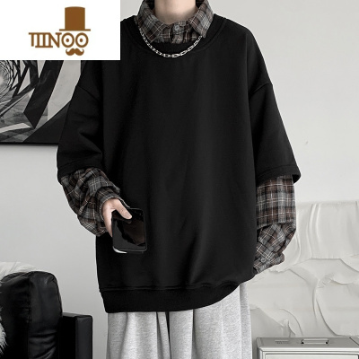 YANXU格子拼接假卫衣男士潮ins百搭设计感小众2023新款炸街