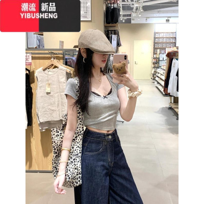 YIBUSHENG纯欲假两件蕾丝短袖t恤女季设计感小众修身短款纯欲甜辣小上衣