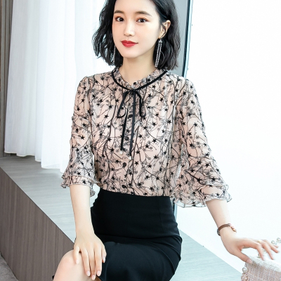 侠古晟语碎花雪纺衫女夏装季衬衫女士2021年新款蕾丝上衣洋气时尚气质短袖小衫