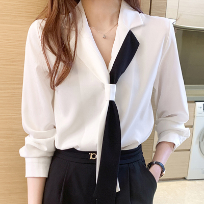 西装领白衬衫女秋装新款雪纺衬衣时尚气质小衫飘带上衣长袖打底衫