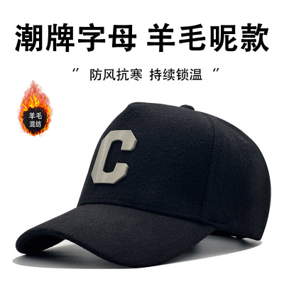 冬季高顶羊毛呢大C户外时尚保暖防寒鸭舌帽大头围显脸小棒球帽女